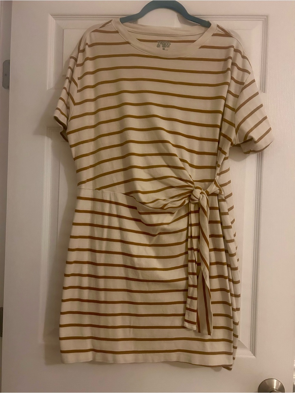 Terra & Sky Cream and Tan Striped Tie-Front Mini Dress